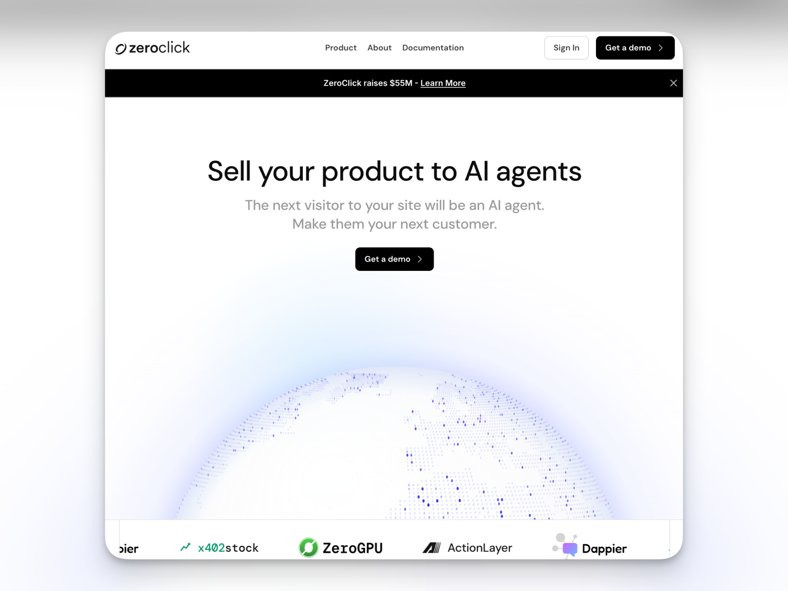 The zeroclick.ai homepage: Sell your product to AI agents.